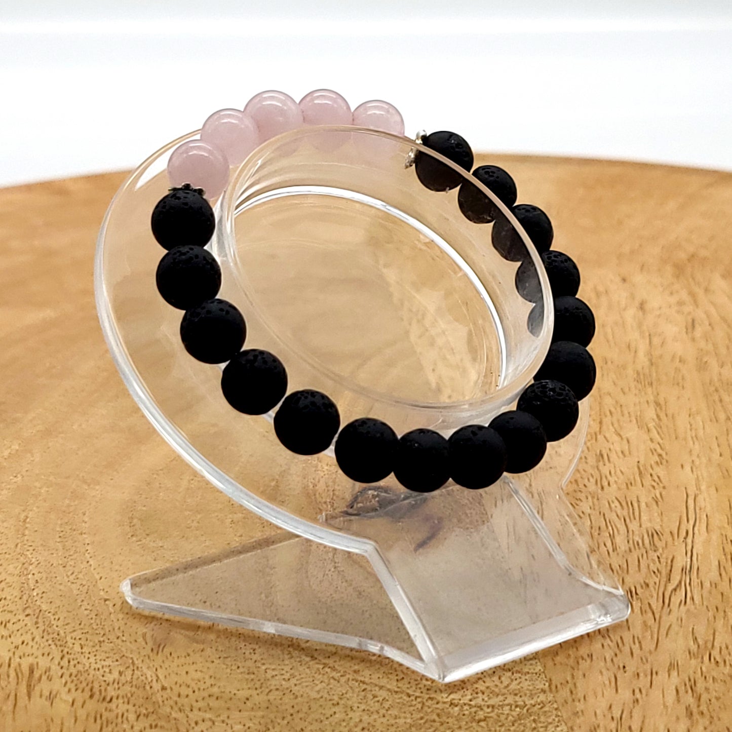 BRACELETS A ÉLASTIQUES EN PIERRES DE LAVE + QUARTZ ROSE - 2 TAILLES AU CHOIX - BIJOUX ARTISANAUX, UNIQUES & ORIGINAUX