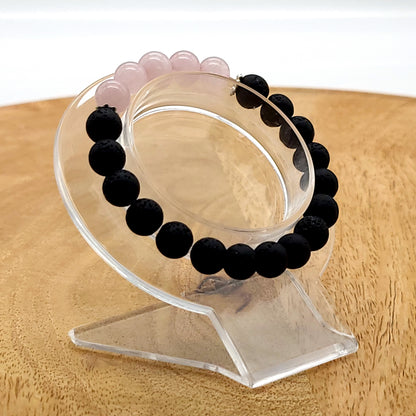 BRACELETS A ÉLASTIQUES EN PIERRES DE LAVE + QUARTZ ROSE - 2 TAILLES AU CHOIX - BIJOUX ARTISANAUX, UNIQUES & ORIGINAUX