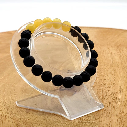 BRACELETS A ÉLASTIQUES DE PERLES RONDES EN PIERRES DE LAVE + CALCITE JAUNE - 2 TAILLES AU CHOIX - BIJOUX ARTISANAUX, UNIQUES & ORIGINAUX