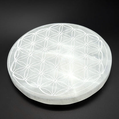 PLAQUE EN SÉLÉNITE GRAVÉE FLEUR DE VIE - STATION DE RECHARGE - UNIQUE, ORIGINALE & ARTISANALE