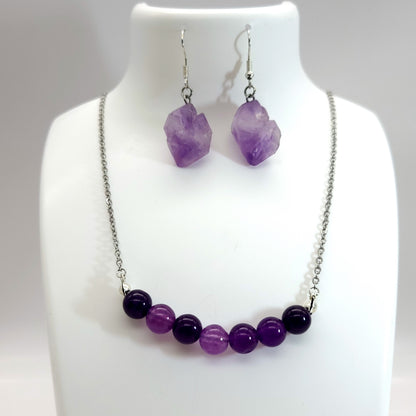2 PARURES EN PIERRE AMÉTHYSTE : COLLIER 7 PERLES OU PENDENTIF + BOUCLES D’OREILLES - BIJOUX ARTISANAUX, UNIQUES & ORIGINAUX