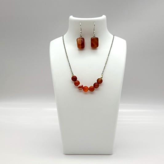 2 PARURES EN PIERRE AGATE ORANGE : COLLIER 7 PERLES OU PENDENTIF + BOUCLES D’OREILLES - BIJOUX ARTISANAUX, UNIQUES & ORIGINAUX
