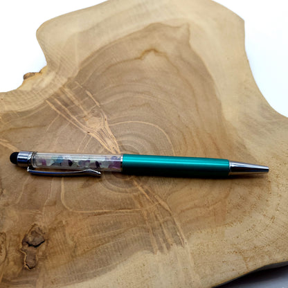 DIVERS STYLOS à BILLES EN PIERRES SEMI-PRÉCIEUSES (base métal argentée) - COULEURS & PIERRES AU CHOIX