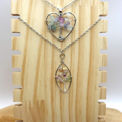 DIVERS COLLIERS + PENDENTIFS ARBRES DE VIE EN PIERRE DE FLUORINE - BIJOUX ARTISANAUX, UNIQUES & ORIGINAUX