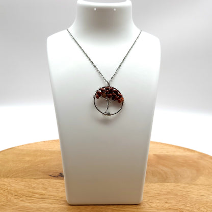 DIVERS COLLIERS + PENDENTIFS ARBRES DE VIE EN PIERRE JASPE ROUGE -BIJOUX ARTISANAUX, UNIQUES & ORIGINAUX