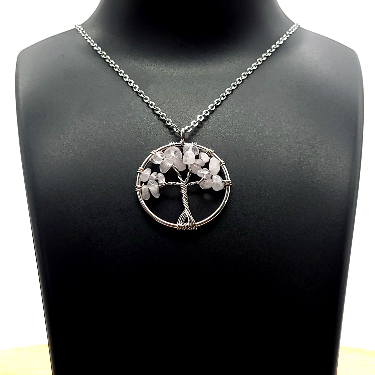 DIVERS COLLIERS + PENDENTIFS ARBRES DE VIE EN PIERRE QUARTZ ROSE - BIJOUX ARTISANAUX, UNIQUES & ORIGINAUX