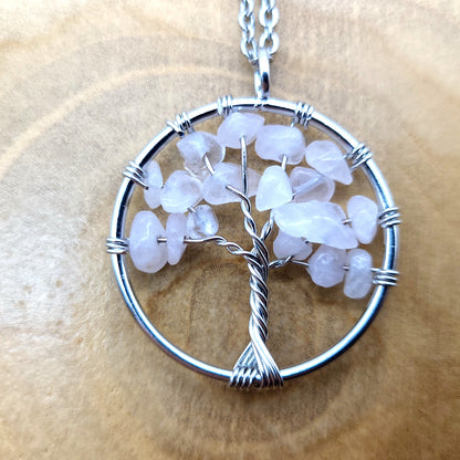 DIVERS COLLIERS + PENDENTIFS ARBRES DE VIE EN PIERRE QUARTZ ROSE - BIJOUX ARTISANAUX, UNIQUES & ORIGINAUX