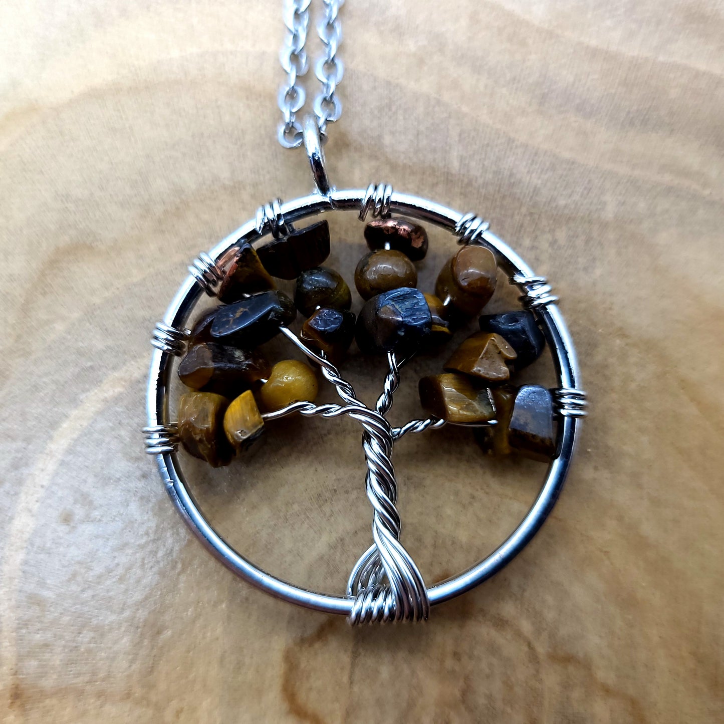 DIVERS COLLIERS + PENDENTIFS ARBRES DE VIE EN PIERRE OEIL DU TIGRE - BIJOUX ARTISANAUX, UNIQUES & ORIGINAUX