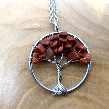 DIVERS COLLIERS + PENDENTIFS ARBRES DE VIE EN PIERRE JASPE ROUGE -BIJOUX ARTISANAUX, UNIQUES & ORIGINAUX