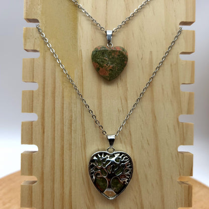 COLLIERS + PENDENTIFS COEURS + ARBRES DE VIE EN PIERRE UNAKITE - BIJOUX ARTISANAUX, UNIQUES & ORIGINAUX