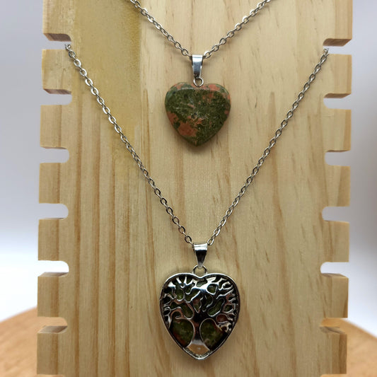 COLLIERS + PENDENTIFS COEURS + ARBRES DE VIE EN PIERRE UNAKITE - BIJOUX ARTISANAUX, UNIQUES & ORIGINAUX