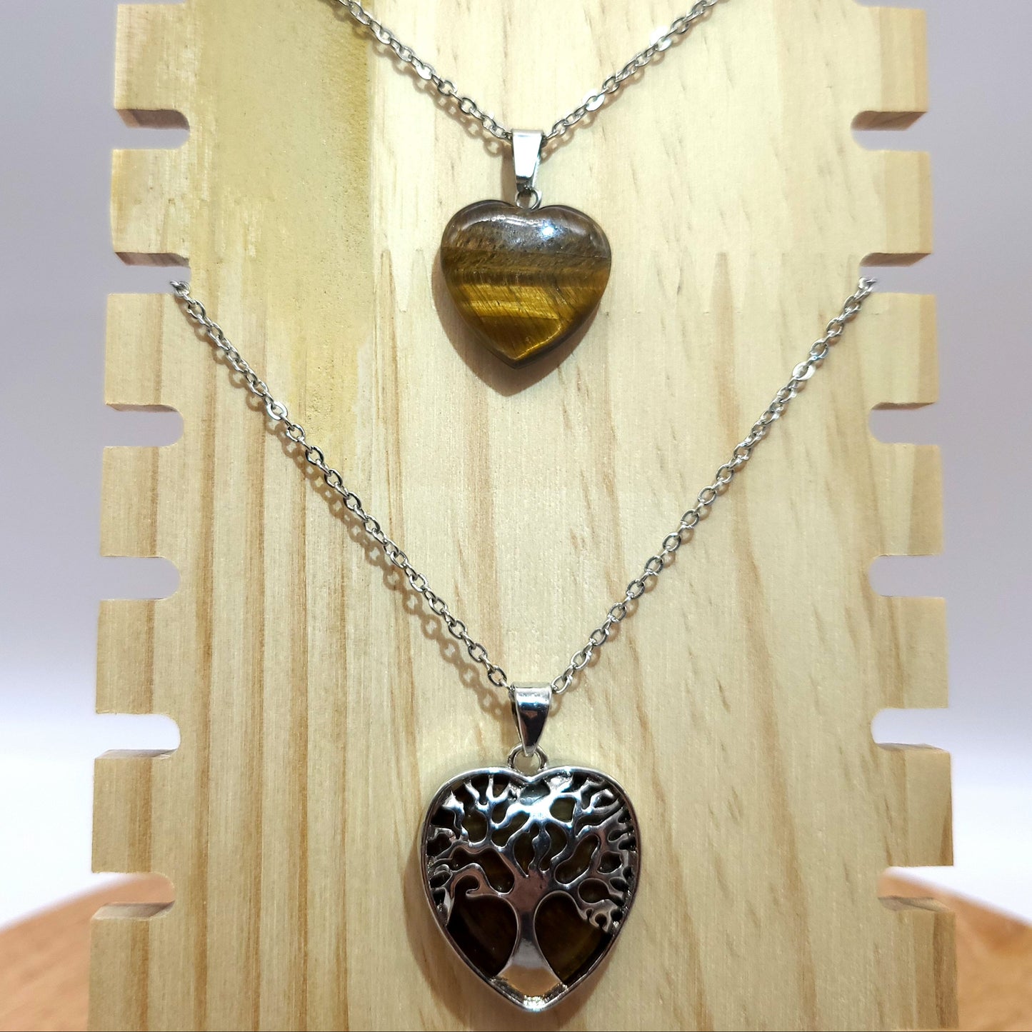 COLLIERS + PENDENTIFS COEURS + ARBRES DE VIE EN PIERRE OEIL DU TIGRE - BIJOUX ARTISANAUX, UNIQUES & ORIGINAUX