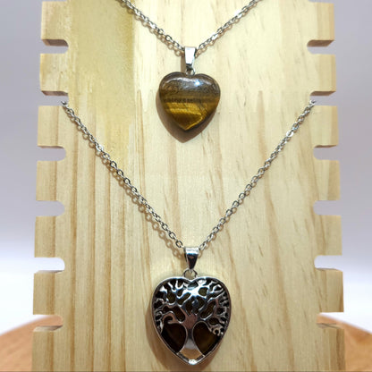 COLLIERS + PENDENTIFS COEURS + ARBRES DE VIE EN PIERRE OEIL DU TIGRE - BIJOUX ARTISANAUX, UNIQUES & ORIGINAUX