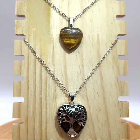 COLLIERS + PENDENTIFS COEURS + ARBRES DE VIE EN PIERRE OEIL DU TIGRE - BIJOUX ARTISANAUX, UNIQUES & ORIGINAUX