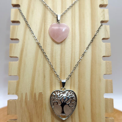 COLLIERS + PENDENTIFS COEURS + ARBRES DE VIE EN PIERREQUARTZ ROSE - BIJOUX ARTISANAUX, UNIQUES & ORIGINAUX
