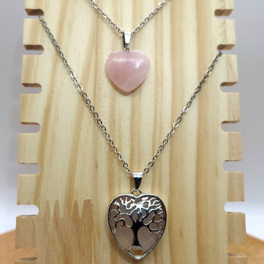COLLIERS + PENDENTIFS COEURS + ARBRES DE VIE EN PIERREQUARTZ ROSE - BIJOUX ARTISANAUX, UNIQUES & ORIGINAUX