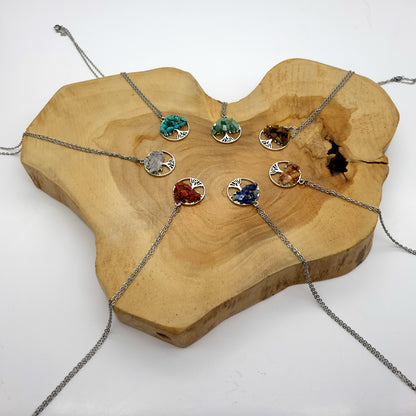 DIVERS COLLIERS + PENDENTIFS ARBRES DE VIE EN PIERRE OEIL DU TIGRE - BIJOUX ARTISANAUX, UNIQUES & ORIGINAUX