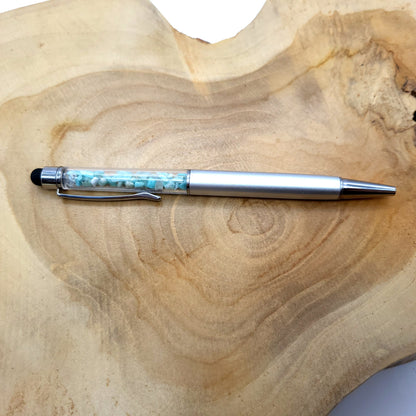 DIVERS STYLOS à BILLES EN PIERRES SEMI-PRÉCIEUSES (base métal argentée) - COULEURS & PIERRES AU CHOIX