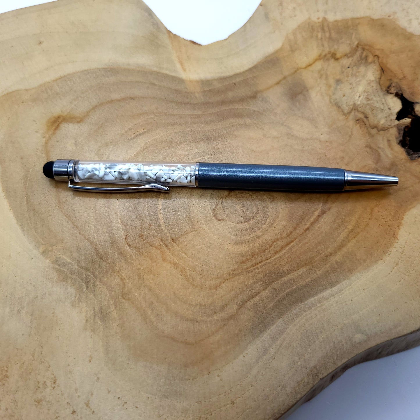 DIVERS STYLOS à BILLES EN PIERRES SEMI-PRÉCIEUSES (base métal argentée) - COULEURS & PIERRES AU CHOIX