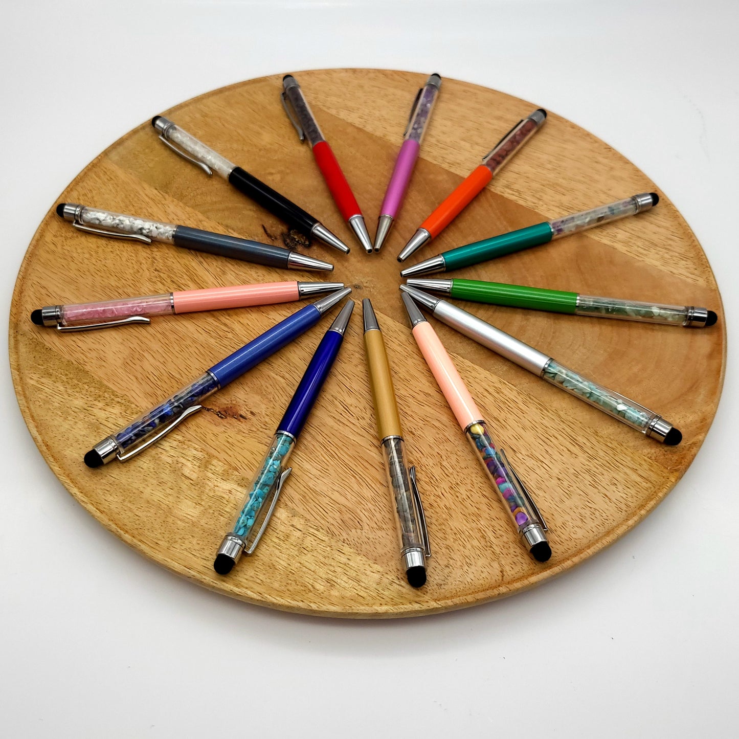 DIVERS STYLOS à BILLES EN PIERRES SEMI-PRÉCIEUSES (base métal argentée) - COULEURS & PIERRES AU CHOIX