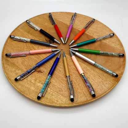 DIVERS STYLOS à BILLES EN PIERRES SEMI-PRÉCIEUSES (base métal argentée) - COULEURS & PIERRES AU CHOIX