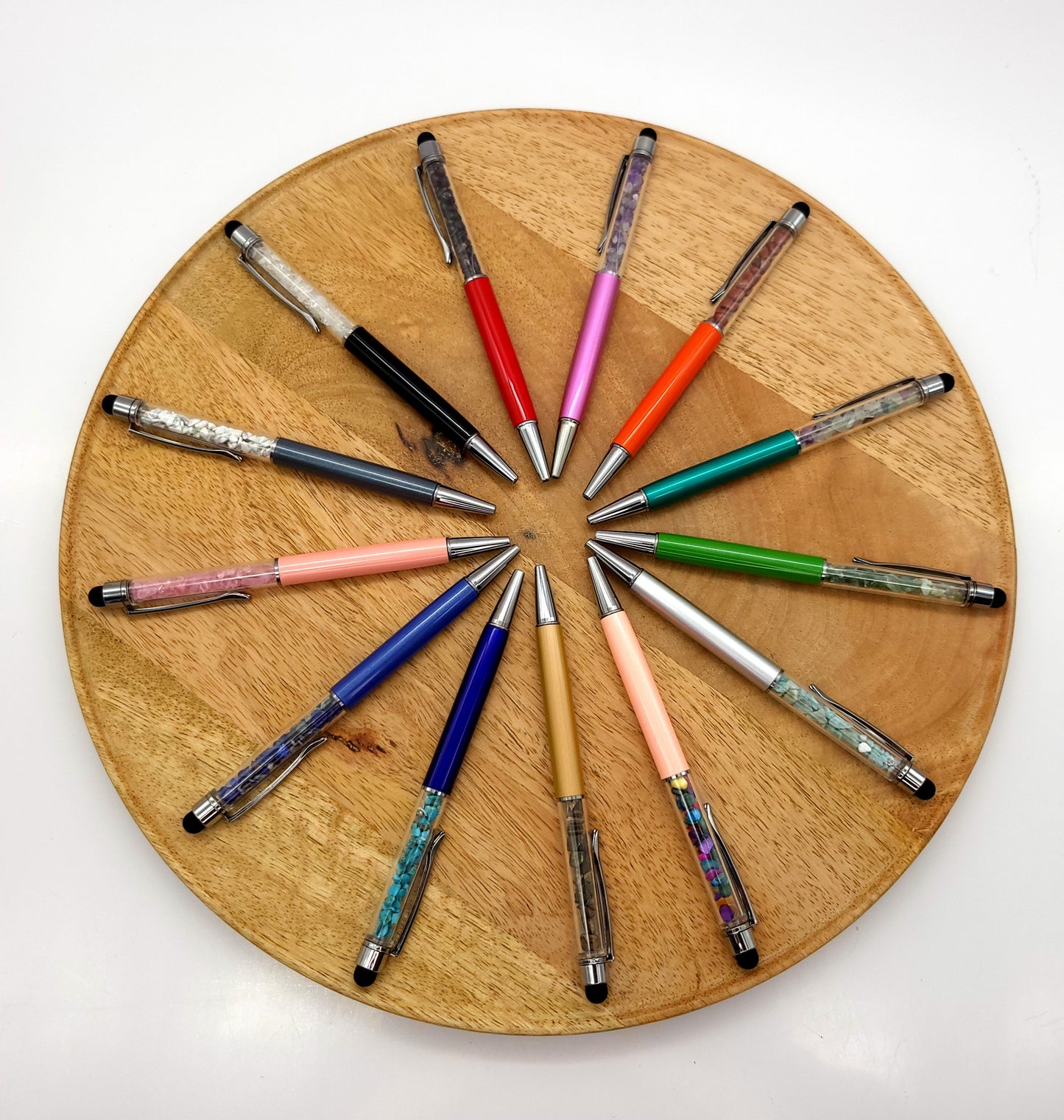 DIVERS STYLOS à BILLES EN PIERRES SEMI-PRÉCIEUSES (base métal argentée) - COULEURS & PIERRES AU CHOIX