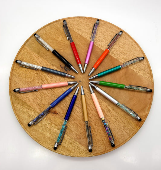 DIVERS STYLOS à BILLES EN PIERRES SEMI-PRÉCIEUSES (base métal argentée) - COULEURS & PIERRES AU CHOIX