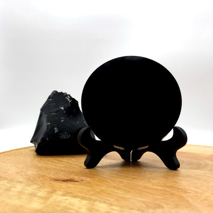 DISQUE MIROIR ROND en PIERRE OBSIDIENNE NOIRE + SUPPORT – ORIGINAL, UNIQUE & ARTISANAL
