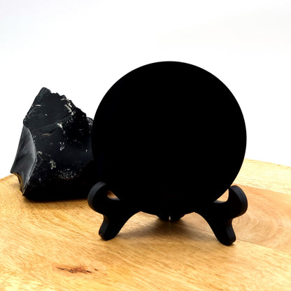 DISQUE MIROIR ROND en PIERRE OBSIDIENNE NOIRE + SUPPORT – ORIGINAL, UNIQUE & ARTISANAL