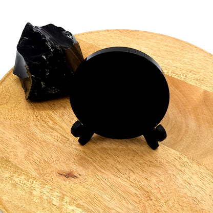 DISQUE MIROIR ROND en PIERRE OBSIDIENNE NOIRE + SUPPORT – ORIGINAL, UNIQUE & ARTISANAL