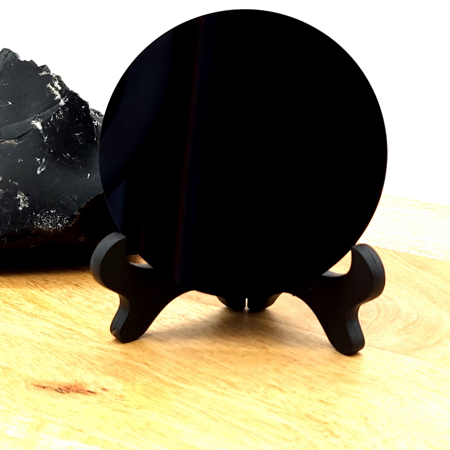 DISQUE MIROIR ROND en PIERRE OBSIDIENNE NOIRE + SUPPORT – ORIGINAL, UNIQUE & ARTISANAL