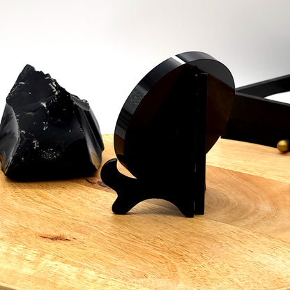 DISQUE MIROIR ROND en PIERRE OBSIDIENNE NOIRE + SUPPORT – ORIGINAL, UNIQUE & ARTISANAL