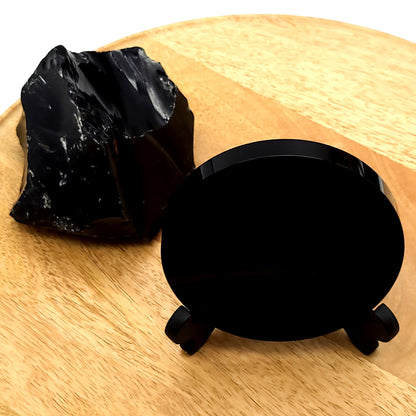 DISQUE MIROIR ROND en PIERRE OBSIDIENNE NOIRE + SUPPORT – ORIGINAL, UNIQUE & ARTISANAL
