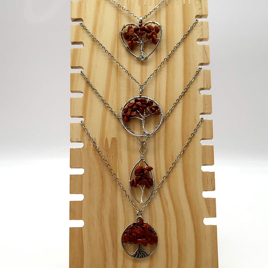 DIVERS COLLIERS + PENDENTIFS ARBRES DE VIE EN PIERRE JASPE ROUGE -BIJOUX ARTISANAUX, UNIQUES & ORIGINAUX