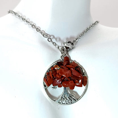 DIVERS COLLIERS + PENDENTIFS ARBRES DE VIE EN PIERRE JASPE ROUGE -BIJOUX ARTISANAUX, UNIQUES & ORIGINAUX
