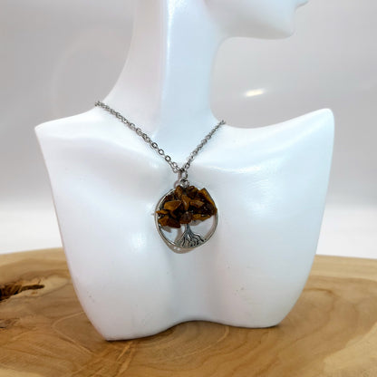 DIVERS COLLIERS + PENDENTIFS ARBRES DE VIE EN PIERRE OEIL DU TIGRE - BIJOUX ARTISANAUX, UNIQUES & ORIGINAUX