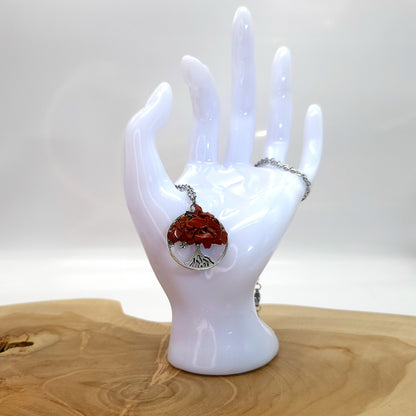 DIVERS COLLIERS + PENDENTIFS ARBRES DE VIE EN PIERRE JASPE ROUGE -BIJOUX ARTISANAUX, UNIQUES & ORIGINAUX