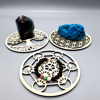 GRANDES STATIONS RECHARGE DE PIERRES 14 CM - 3 MODÈLES : FLEUR ET ARBRE DE VIE & METATRON EN BOIS - ARTISANALES, UNIQUES & ORIGINALES