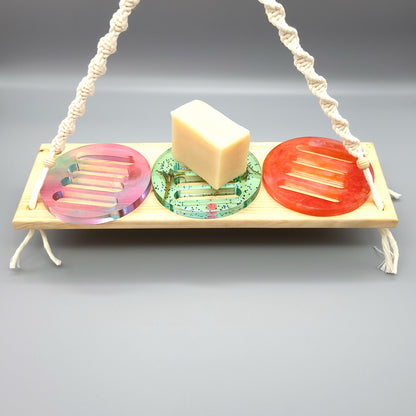 SUPPORT À SAVONS " PAILLASSE " RONDE " 2 en 1 " + INCRUSTATIONS FLEURS... - UNIQUES, ORIGINAUX & ARTISANAUX