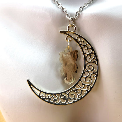 CHAÎNE + PENDENTIF HIBOU SUSPENDU A UNE GRANDE LUNE DENTELLE - BIJOU FANTAISIE ZEN