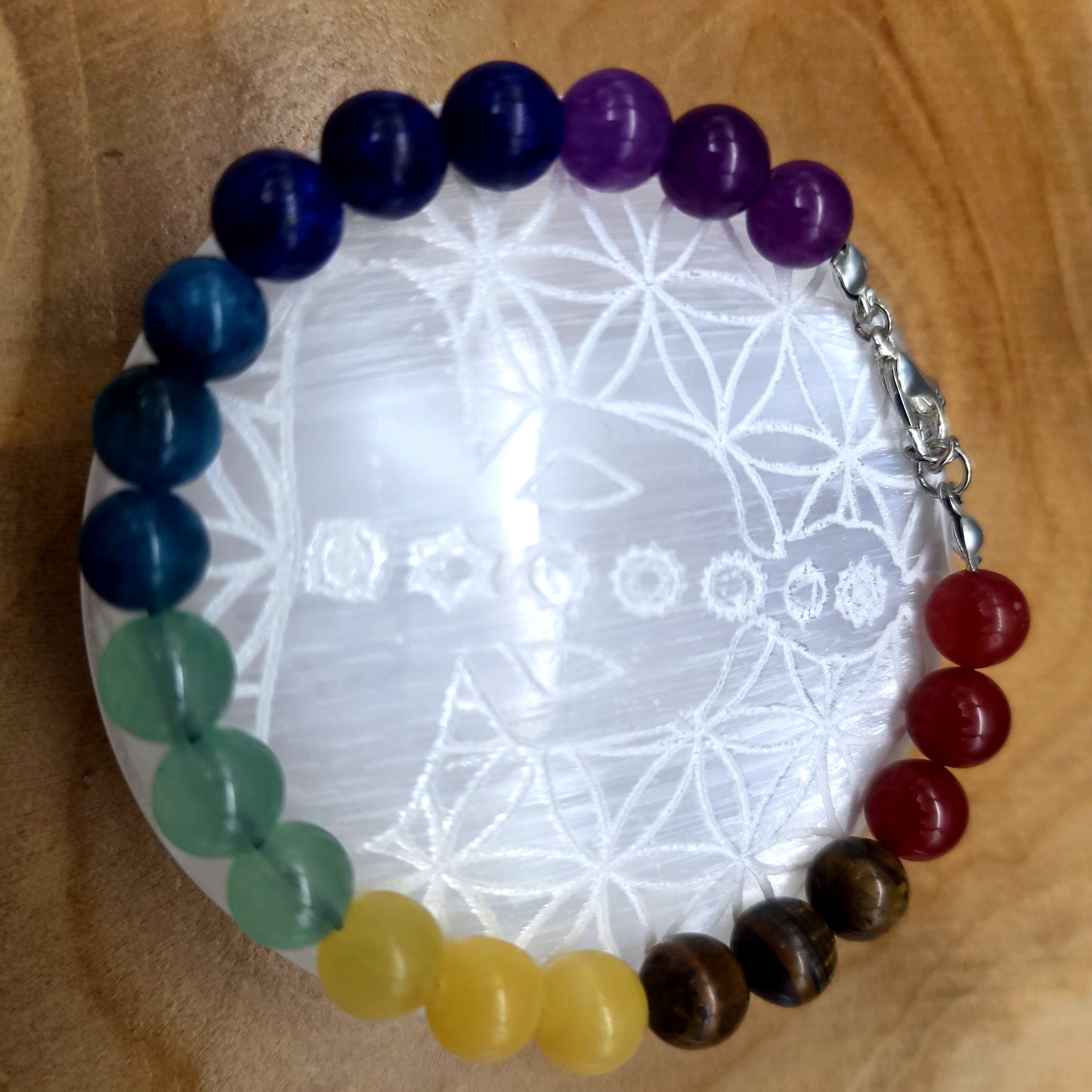 SCULPTURE ZEN BOMBÉE EN SÉLENITE GRAVÉE BOUDDHA + 7 CHAKRAS SUR FLEUR DE VIE - UNIQUE, ORIGINALE & ARTISANALE