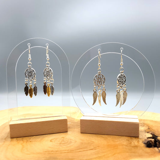 GRANDES BOUCLES D'OREILLES ZEN " ATTRAPES RÊVES + PLUMES D' ANGES - BIJOUX FANTAISIES ORIGINAUX 2 MODÈLES AU CHOIX