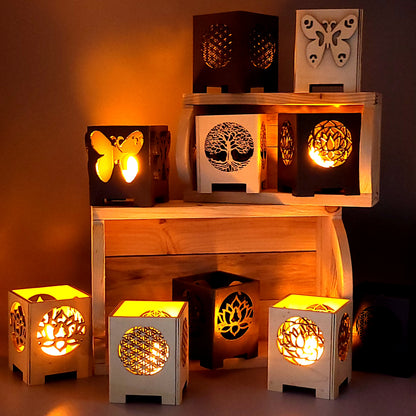 PHOTOPHORES EN BOIS NATUREL + VERNIS + BOUGIES COEUR - DIVERS MODÈLES (ARBRE DE VIE, PAPILLON...) - UNIQUES, ORIGINAUX & ARTISANAUX