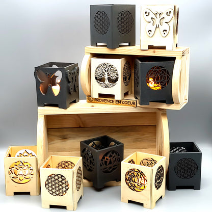 PHOTOPHORES EN BOIS NATUREL + VERNIS + BOUGIES COEUR - DIVERS MODÈLES (ARBRE DE VIE, PAPILLON...) - UNIQUES, ORIGINAUX & ARTISANAUX
