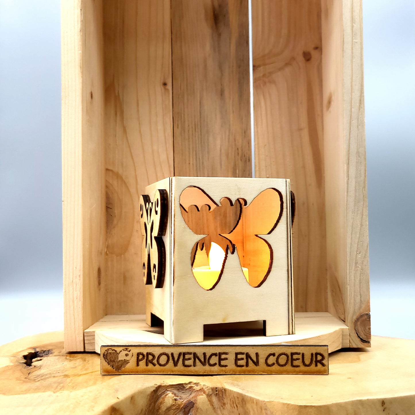 PHOTOPHORES EN BOIS NATUREL + VERNIS + BOUGIES COEUR - DIVERS MODÈLES (ARBRE DE VIE, PAPILLON...) - UNIQUES, ORIGINAUX & ARTISANAUX