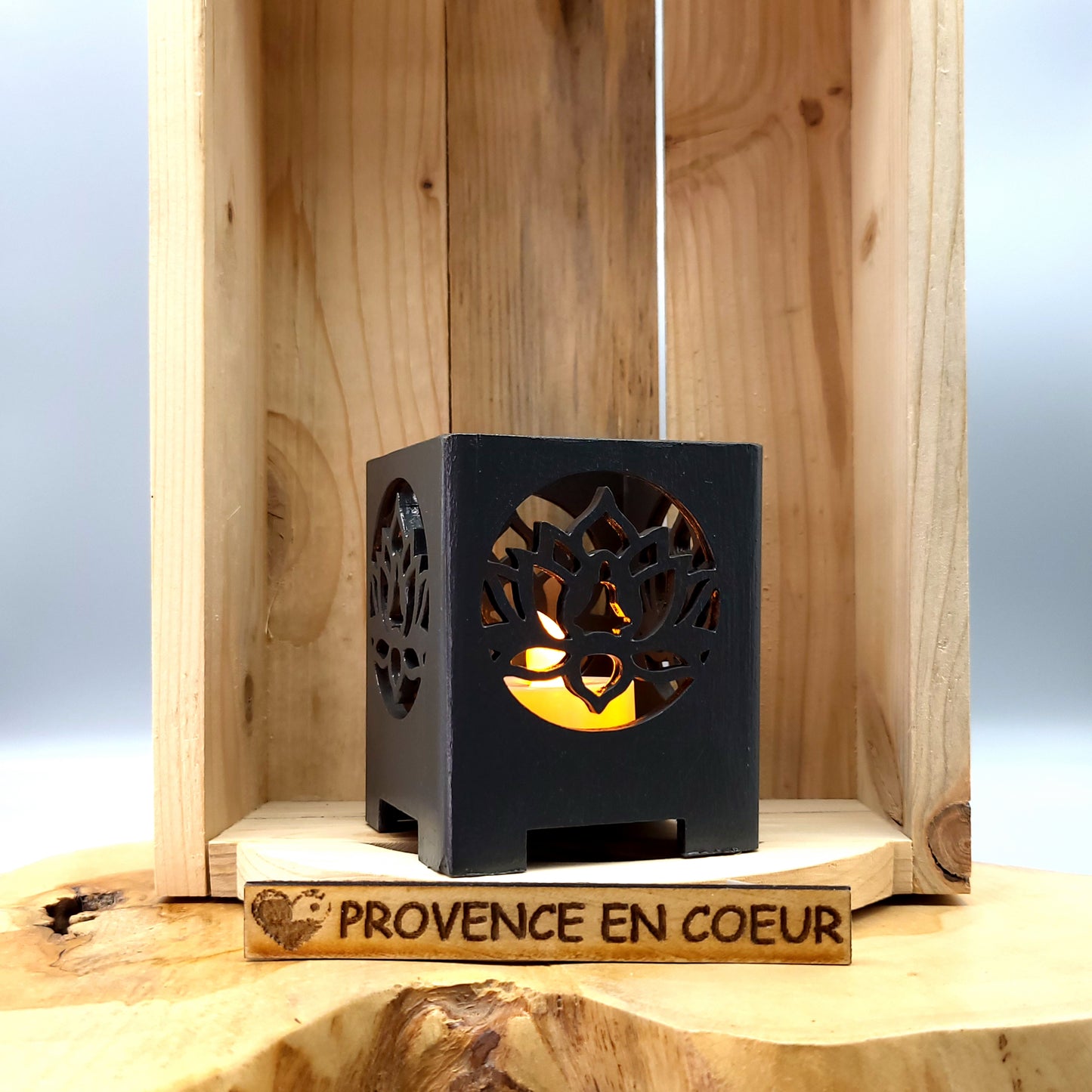 PHOTOPHORES EN BOIS GRIS + BOUGIES COEUR - DIVERS MODÈLES (ARBRE DE VIE, PAPILLON...) - UNIQUES, ORIGINAUX & ARTISANAUX