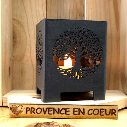 PHOTOPHORES EN BOIS GRIS + BOUGIES COEUR - DIVERS MODÈLES (ARBRE DE VIE, PAPILLON...) - UNIQUES, ORIGINAUX & ARTISANAUX