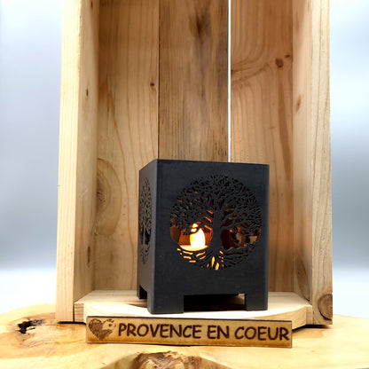 PHOTOPHORES EN BOIS GRIS + BOUGIES COEUR - DIVERS MODÈLES (ARBRE DE VIE, PAPILLON...) - UNIQUES, ORIGINAUX & ARTISANAUX