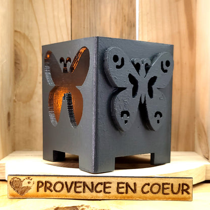 PHOTOPHORES EN BOIS GRIS + BOUGIES COEUR - DIVERS MODÈLES (ARBRE DE VIE, PAPILLON...) - UNIQUES, ORIGINAUX & ARTISANAUX