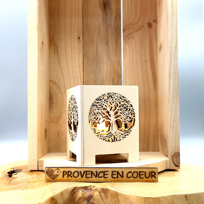 PHOTOPHORES EN BOIS NATUREL + VERNIS + BOUGIES COEUR - DIVERS MODÈLES (ARBRE DE VIE, PAPILLON...) - UNIQUES, ORIGINAUX & ARTISANAUX